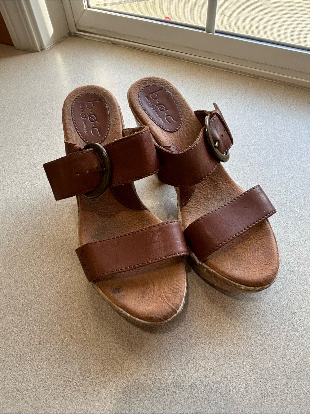 b.o.c. Brown Leather Double-Strap Buckle Slide Sandals